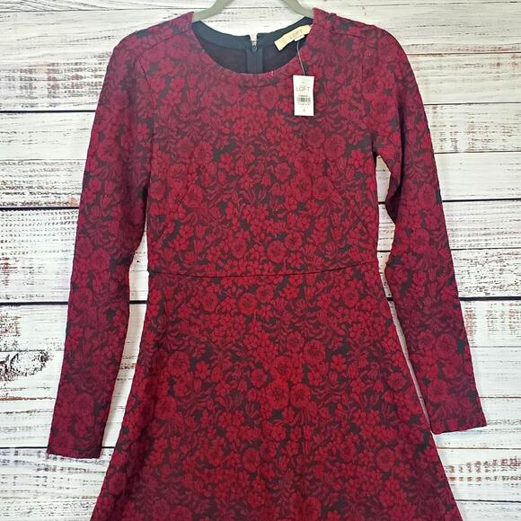 LOFT Red Black Floral Embossed Whimsigoth Midi Dress Size XS Fit & Flare NWT - Picture 3 of 11